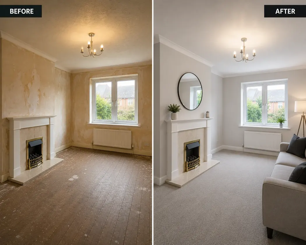 Before and after interior room painting transformation by Shropshire Spray Solutions